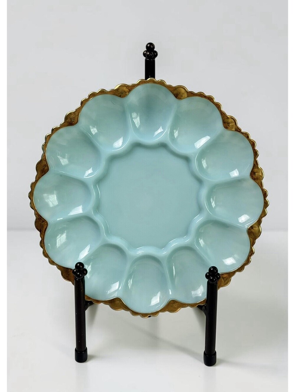 Vintage Fire-King Delphite Blue Deviled Egg Plate with 22K Gold Trim